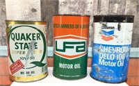 Quaker, UFA, Chevron oil tins