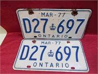 1977 Ontario Matching License Plates Cars Canada