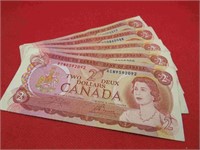 1974 Lot 5 Canada 2 Dollar Bill Bank Notes