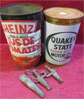 2 Old Cans & Sap Taps Quaker State & Heinz OLD