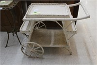 Antique White Painted Wicker Tea Cart
