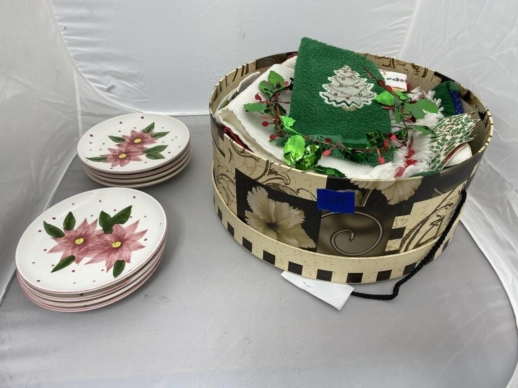 7 Saucers & Hatbox w/Christmas Towels
