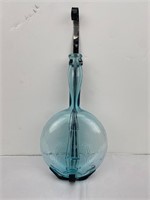 Vtg Blue Glass Figural Banjo Bottle Metal Holder