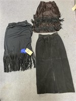 2 Black Fringed Skirts & Suede Skirt Sz 8