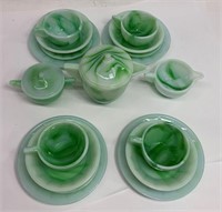 Akro Agate Green Slag Glass Child's Tea Set