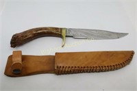 Custom Made Damascus Knife w/ Antler Handle