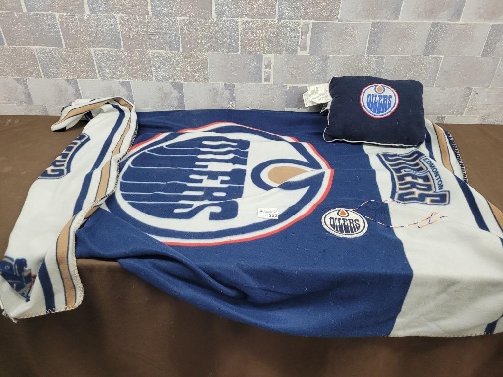 Oilers blanket, Oilers hand beaded necklace, etc