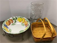 Heavy vase, bowl & Longaberger basket