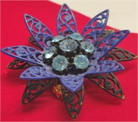 3D 1950's Flower Pin w/ Blue Crystals