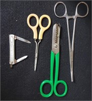 Scissors (2), pocket knife, Forceps