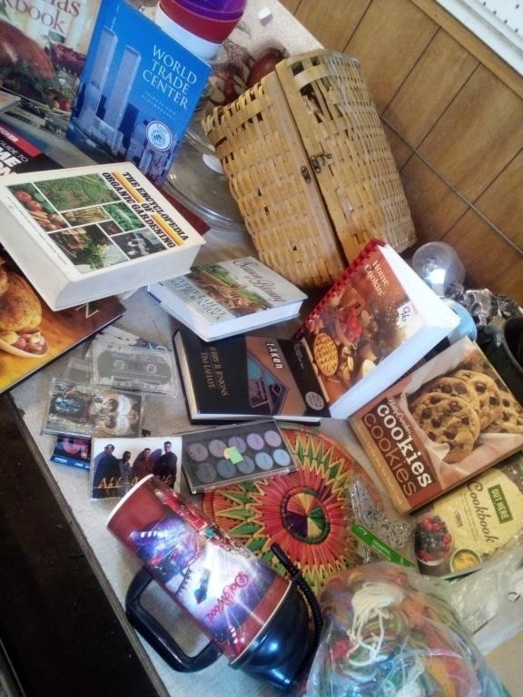 Large lot of cookbooks, wicker basket, cassette