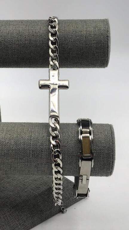 Mens Bracelet & Cross Pendant On Chain