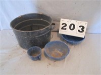 Lot of blue enamelware – canning pot, 2 bowls