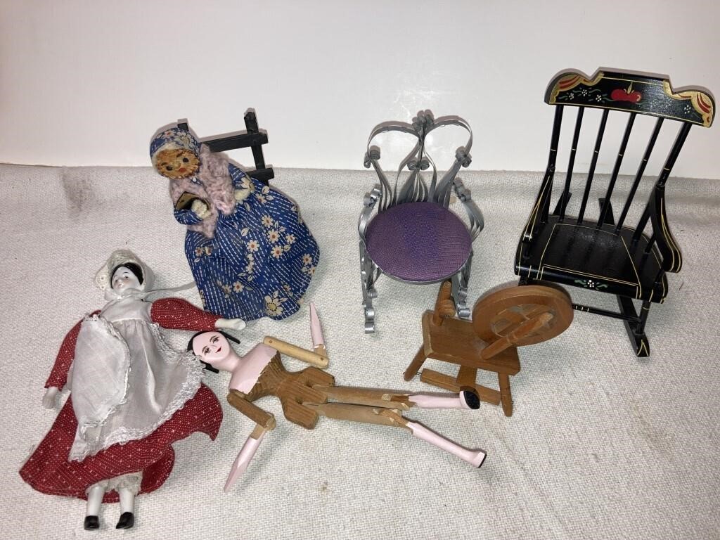 Small old dolls & chairs -corn cob doll, wood &