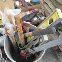 Bucket w/ hedge clippers, pipe wrench, other tools