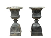 Pair of Grey Cast Iron Planters w/ Base