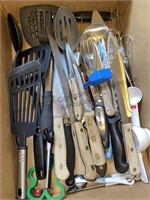 Box of kitchen knives, spatulas, mixing bowl and