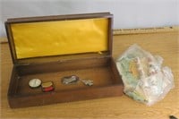 Wooden Box, Green Stamps, Ingrams Watch Parts +