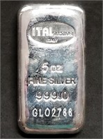5 Troy Oz .999 Fine Silver Poured Bar