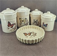 1970 Treasure Craft Butterfly Canisters & Pie Dish