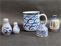 Blue Pottery Mug , Two Mini Vases with Shakers