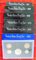 U.S. Proof Sets 1972, 74, 75, 76, 76, 77