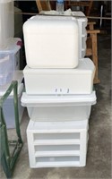 Lot of plastic containers, some with drawers, &