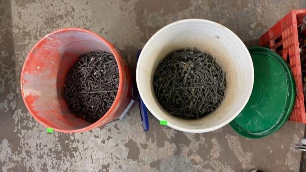 PARTIAL BUCKET OF NAILS & PARTIAL BUCKET OF FENCE