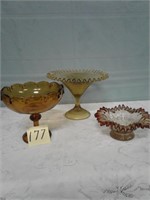 3 Amber Coloured Pedestal Bowls