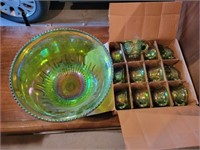 CARNIVAL GLASS PUNCH BOWL W/ CUPS