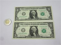 2 billets 1$ USA 2017 avec numéro de série