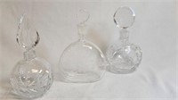 3 CLEAR GLASS PERFUME BOTTLES W STOPPERS