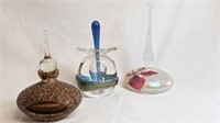 3 GLASS PERFUME BOTTLES W STOPPERS