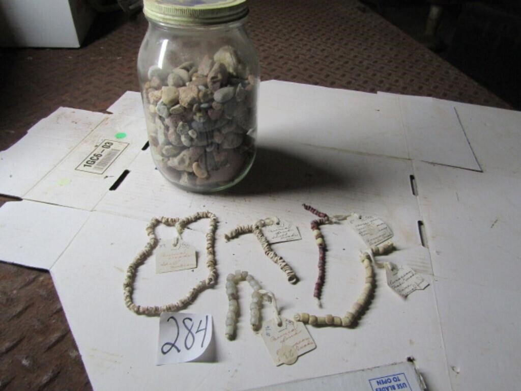 JAR OF STONES, SHELL NECKLACES, SHELL BEADS, TRADE