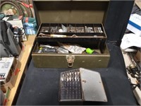 Vinatge Metal Tool Box w/Tools & Drill Bit Set