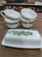 4  Pyrex coffee mugs and butter dish