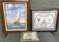Signed Painting, Stamps, Sailing Needlepoint