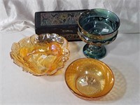 3 Carnival Glass Dishes + Trinket Box