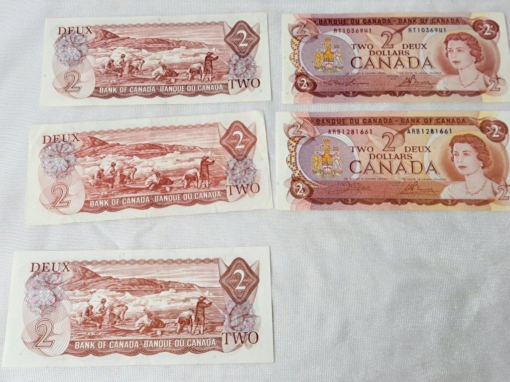 5 Uncirculated Canadian $2 bills
