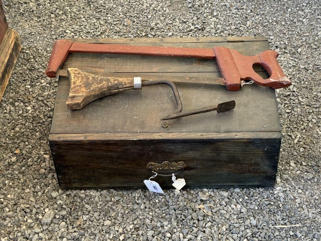 Painted Wooden Tool Box & Assorted Tools