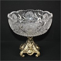 Cut Crystal Rose Pattern Compote Dish 8"