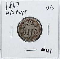 1867 w/o Rays  Shield Nickel   VG