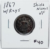1867 Rays  Shield Nickel   VF