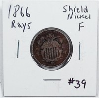 1866 Rays  Shield Nickel   F
