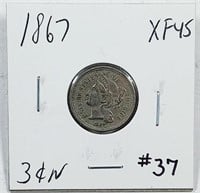 1867  Three Cent Nickel   XF-45