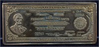 24 Karat Gold CLAD 1914 $5 Five Dollar Bullion Bar
