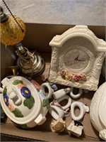 Household small decor, including a clock, lamp,