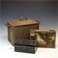 Primitive tin bread box and two other tin boxes