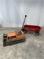 Toy radio flyer and vintage metal tractor