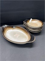 Canadian Pottery Escargot Server & 4 dish dishes